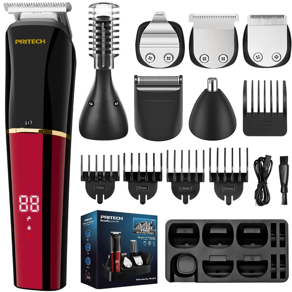 PRITECH Men's Grooming Kit, 6-in-1 Beard Trimmer & Hair Clipper, Cordless