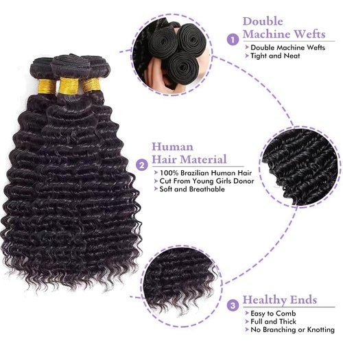 Human Hair Bundles Deep Wave Curly Bundle Human Hair Brazilian Virgin Hair 16 18 20 Inch 3 Bundles for Women 10A Grace Unprocessed Deep Curly Hair Bundle Weave Extensions Natural Black