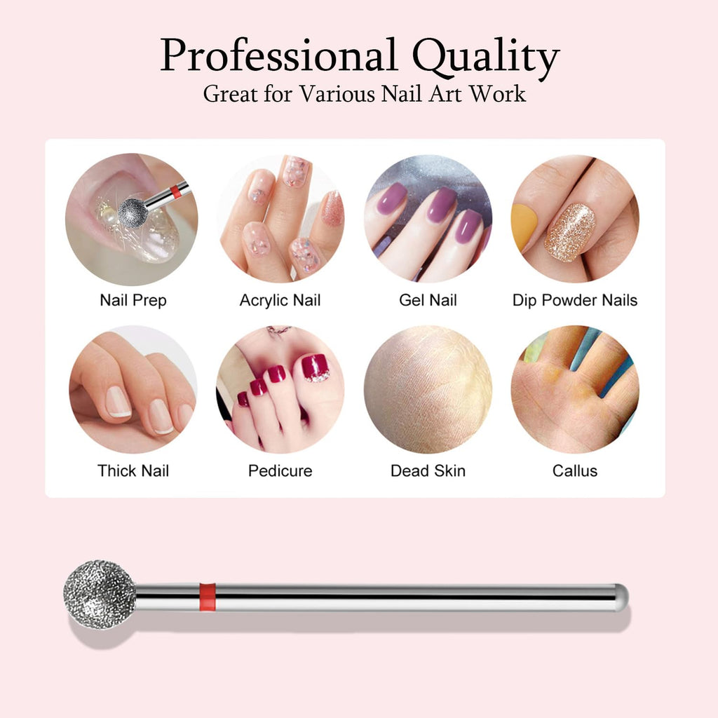 ERUIKA 10pcs Safety Ball Cuticle Drill Bits, Carbide Diamond Nail Bits for Dead Skin Removal & Nail Shaping, 3/32'' Two Way Rotate, Professional Manicure Pedicure Salon Tools(5mm Ball Bit, Fine-F)