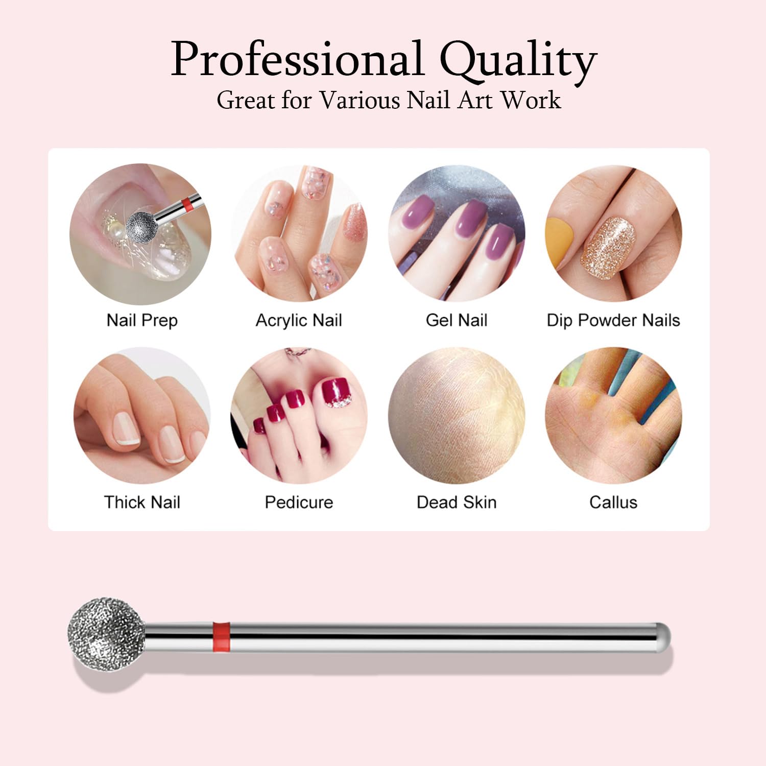 ERUIKA 10pcs Safety Ball Cuticle Drill Bits, Carbide Diamond Nail Bits for Dead Skin Removal & Nail Shaping, 3/32'' Two Way Rotate, Professional Manicure Pedicure Salon Tools(5mm Ball Bit, Fine-F)