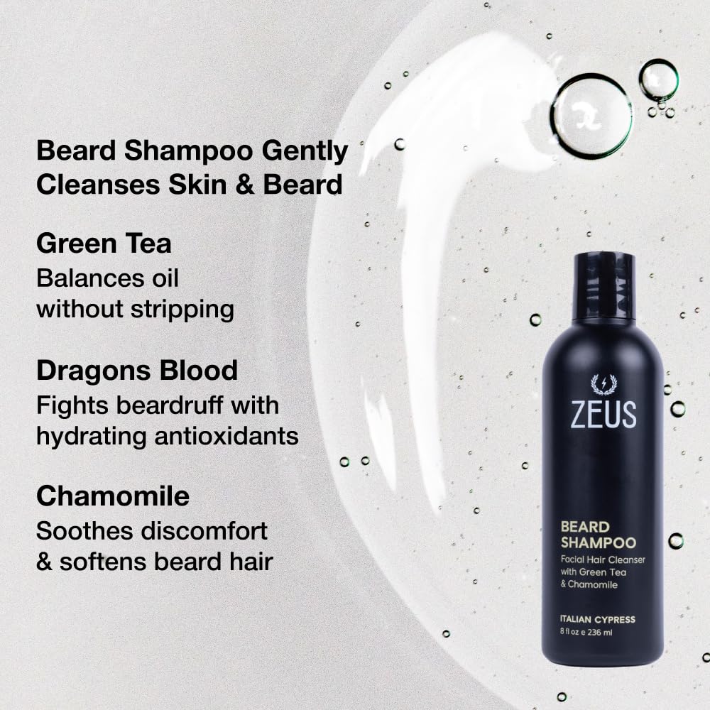 ZEUS Deluxe Beard Care Kit for Men, Italian Cypress Oil, Wash & Brush Set