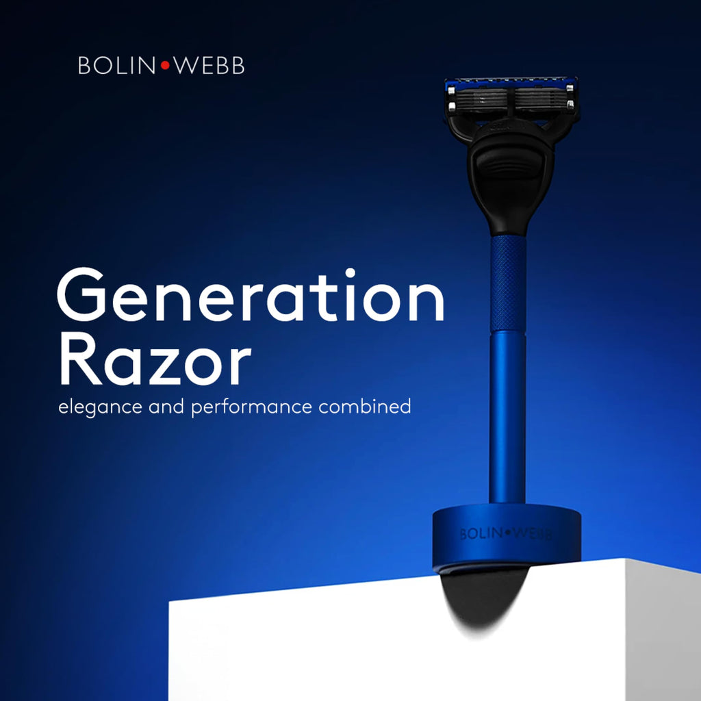 Bolin Webb Generation Razor & Stand - Luxury Razors for Men with Gillette Fusion 5 Blades, Premium Aluminum Shaving Razor for Smooth, Comfortable Shave, Ideal Gift & Daily Grooming Set (Blue)