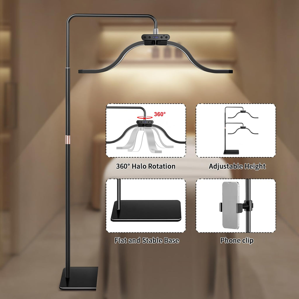 Lash Light for Eyelash Tech-Esthetician Ring Light, Half Moon Light for Led Lash Lamp Extensions, Tattoo Artists, Nail Tech - Cool, Warm Lamp with Adjustable Brightness & Height, Phone Holder (Black)