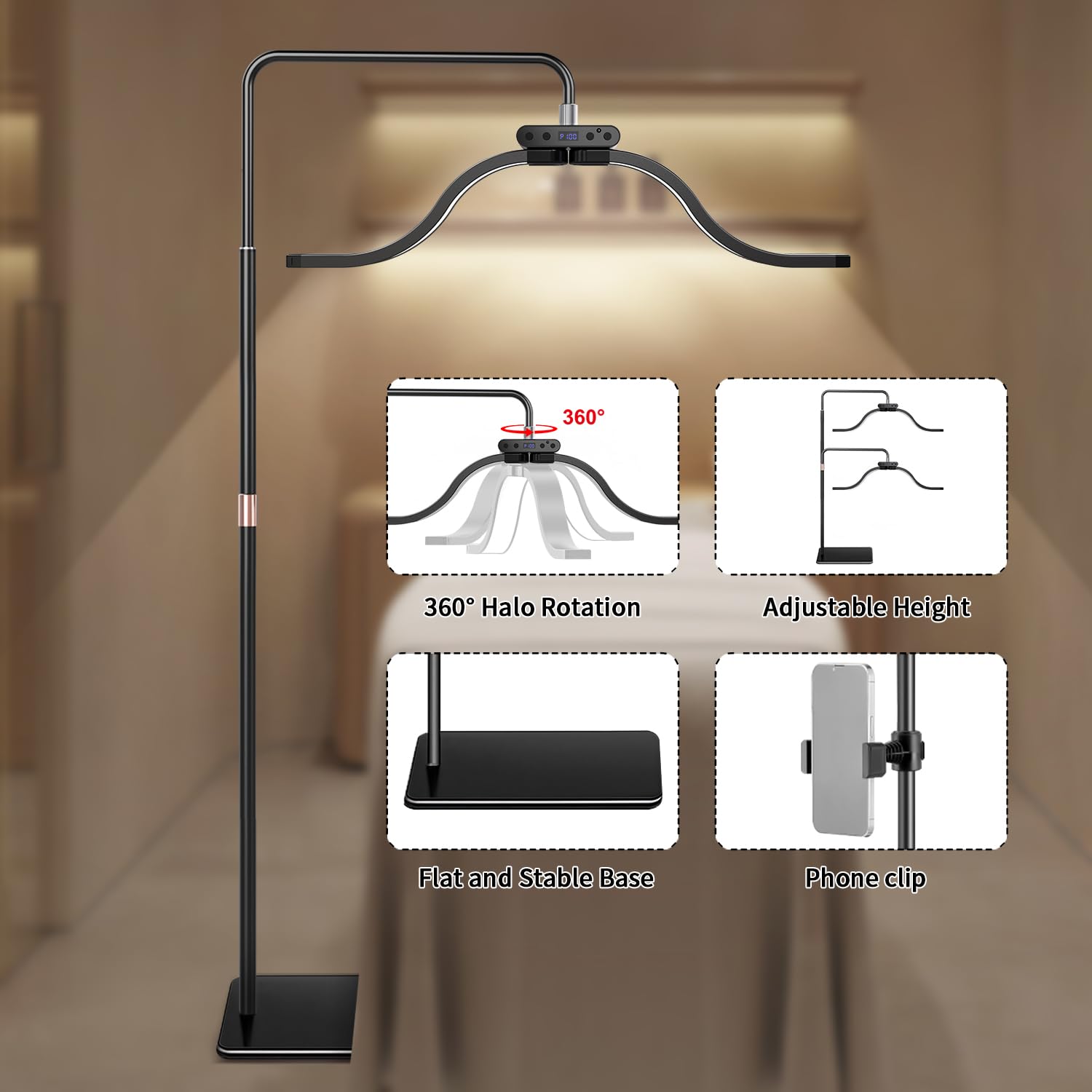 Lash Light for Eyelash Tech-Esthetician Ring Light, Half Moon Light for Led Lash Lamp Extensions, Tattoo Artists, Nail Tech - Cool, Warm Lamp with Adjustable Brightness & Height, Phone Holder (Black)