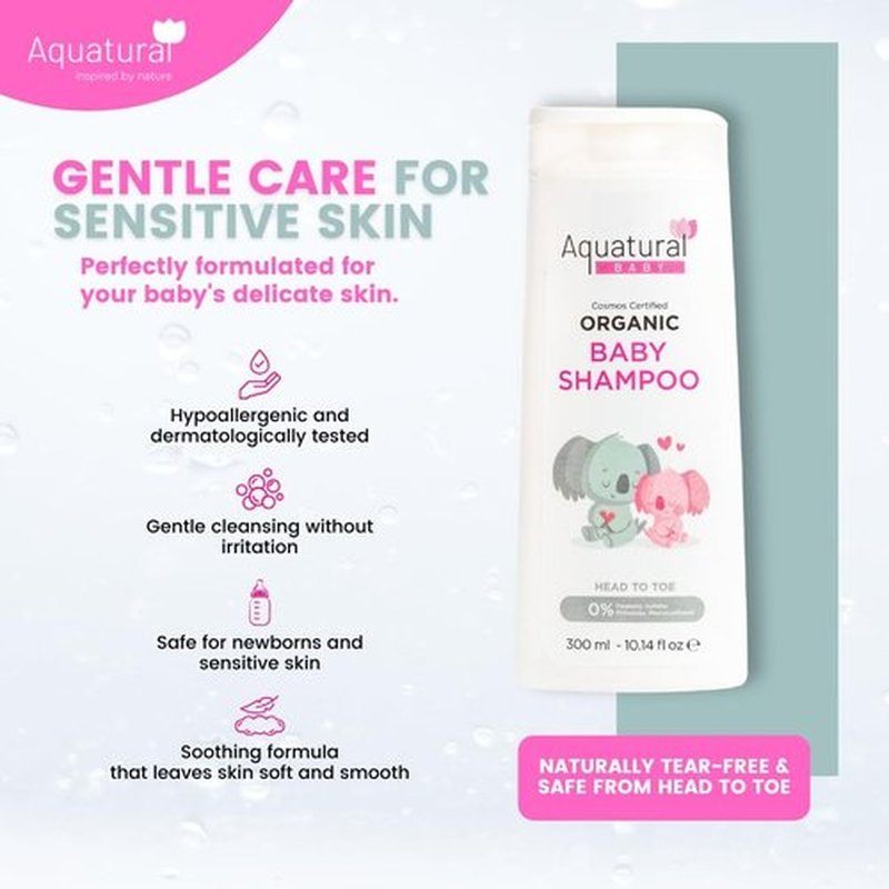 Aquatural Organic Baby Shampoo - Plant-Based, Vegan & Gentle for Toddler, Moisturizing, Softens Hair - Girls & Boys Newborns, Kids Shampoo Natural for Sensitive Skin (10.14 fl oz)