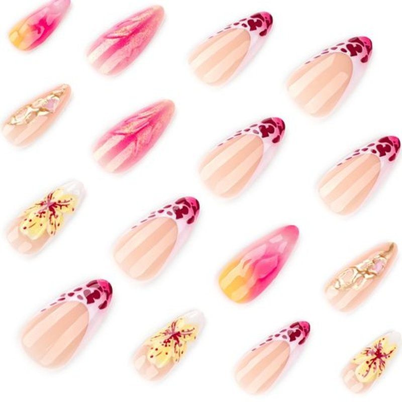 Medium Almond Press on Nails French Tip Fake Nails with 3D Flower Design Full Cover False Nails for Women 24 Pcs (Pink-38, M-38)