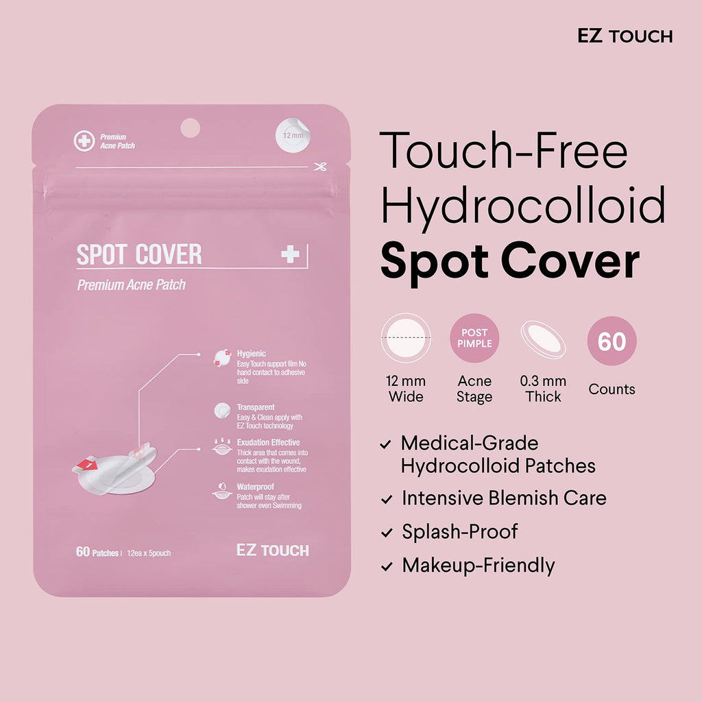 Touch-free Hydrocolloid Acne Pimple Patch(60 count, 12mm, Fast0Healing) | Last 48 hr | Patented Korean Spot Cover by EZ touch