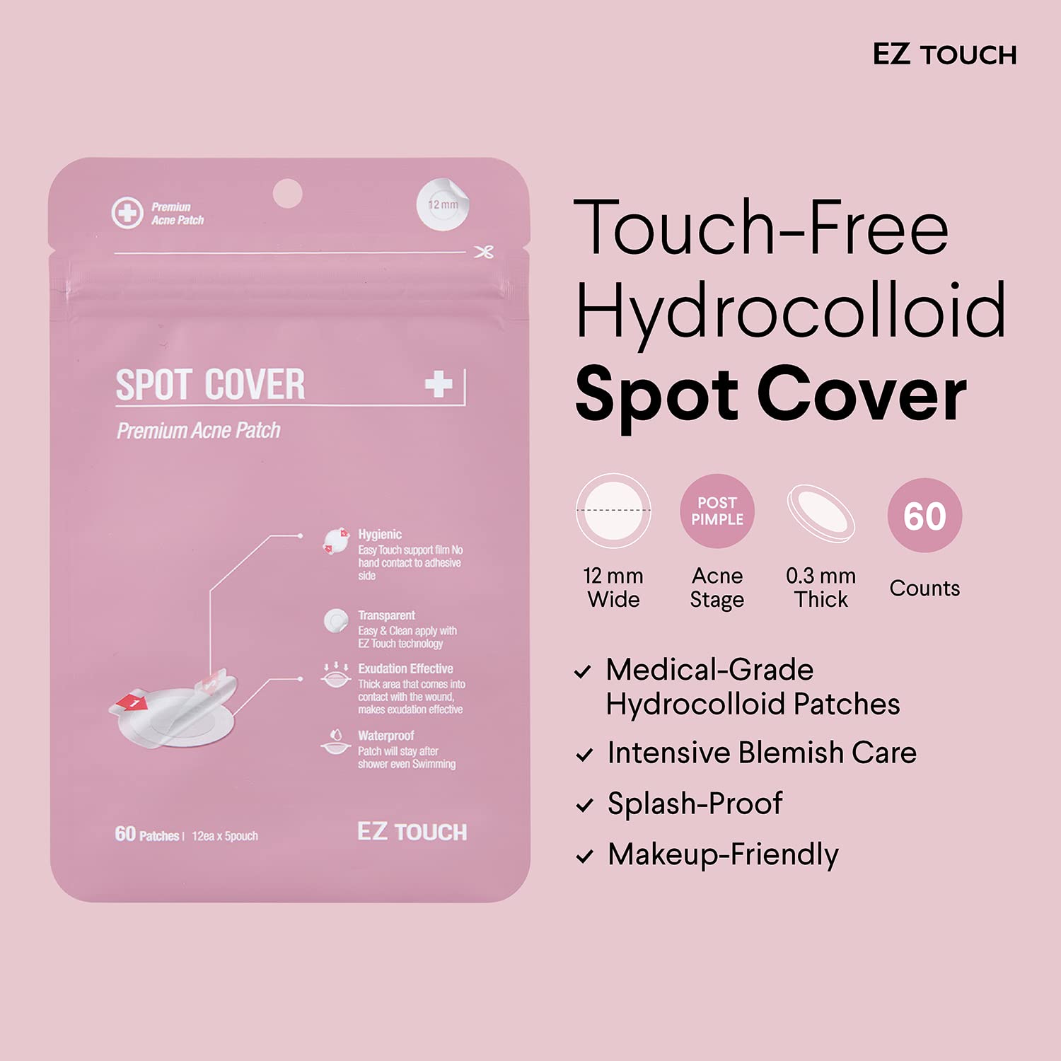 Touch-free Hydrocolloid Acne Pimple Patch(60 count, 12mm, Fast0Healing) | Last 48 hr | Patented Korean Spot Cover by EZ touch
