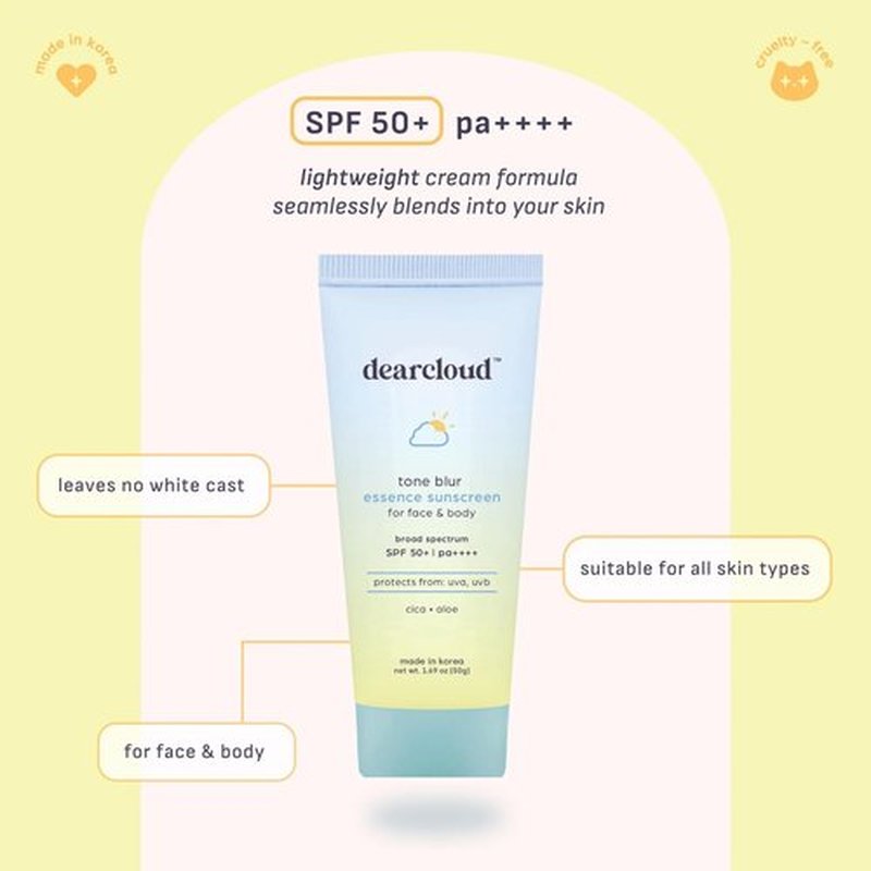 dearcloud Tone Blur Essence Sunscreen SPF 50+ PA++++ – Korean Sunscreen for Face, Primer with Vegan Ingredients (1.69 fl oz)