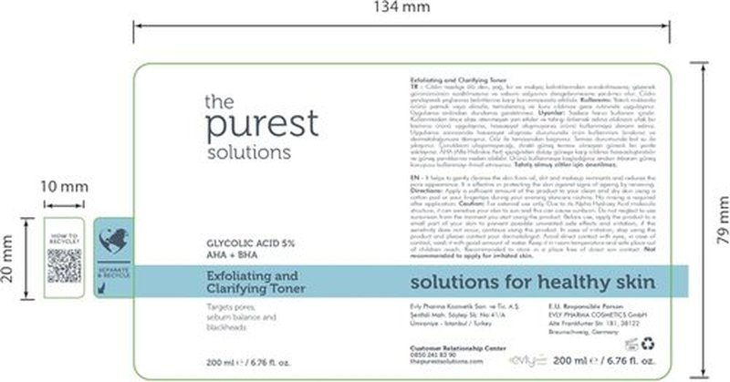 Purest Solutions Exfoliating Toner - Glycolic Acid 5% AHA + BHA for All Skin Types - Vegan & Cruelty-Free (6.76 fl. oz)