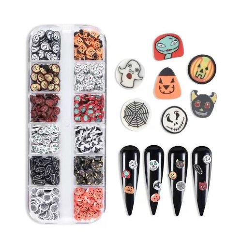 2 Boxes Halloween Nail Charms 3D Ghost Pumpkin Face Spider Web Bat Skull Spider Nail Art Supplies Decorations Halloween Nail Art Charms for Women (24 Grids)