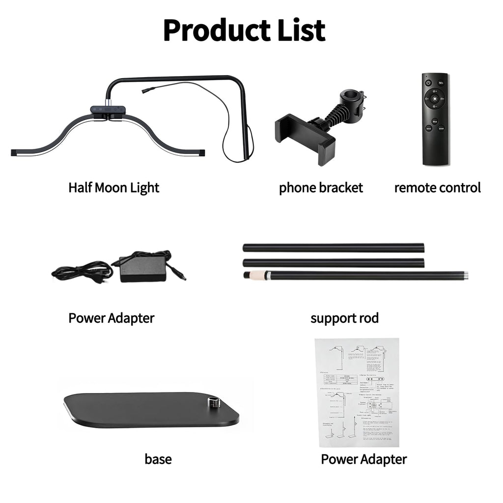 Lash Light for Eyelash Tech-Esthetician Ring Light, Half Moon Light for Led Lash Lamp Extensions, Tattoo Artists, Nail Tech - Cool, Warm Lamp with Adjustable Brightness & Height, Phone Holder (Black)