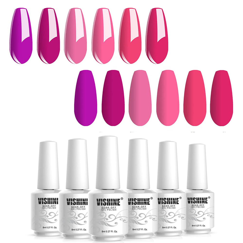 Vishine Hot Pink Fuchsia Gel Nail Polish Set - 6PCS Colors Magenta Purple Gel Polish, Soak Off Gel Polish Set Nail Art LED UV Nail Lamp Cured,8ml Each Bottle Nail Gel Kit Glamour Gifts