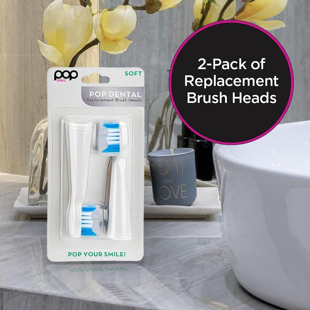 Pop Sonic Replacement Electronic Toothbrush Heads, Compatible with Go Sonic, USB, Pro Sonic Toothbrushes w/Soft Dupont Tynex Nylon Bristles, 2-Pack