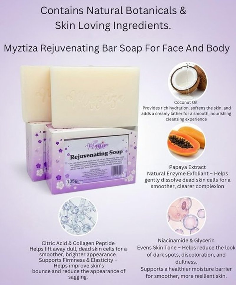 Myztiza Rejuvenating Bar Soap for Face & Body – Moisturizing Cleanser with Coconut Oil, Glycerin, Papaya Extract, Niacinamide, Citric Acid & Collagen Peptide – 2 Pack 135g Each