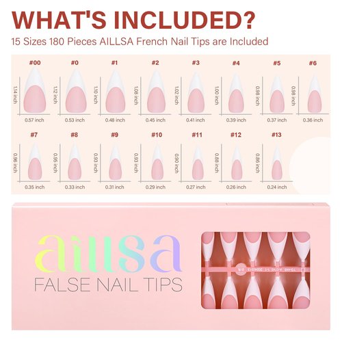 AILLSA French Gel Nail Tips, 180 Pcs French Tip Press On Nails Long Almond Pink, Pre-Applied Primer & Base Coat, No Need File, Soft Long Stiletto Nail Tips, Fake Nails for Women Gift 15 Sizes