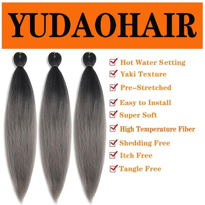 Pre Stretched Braiding Hair 26 Inch Ombre Grey Braiding Hair Extensions Hot Water Setting Crochet Box Braids Hair (26 Inch (Pack of 3), Black-Dark Grey)