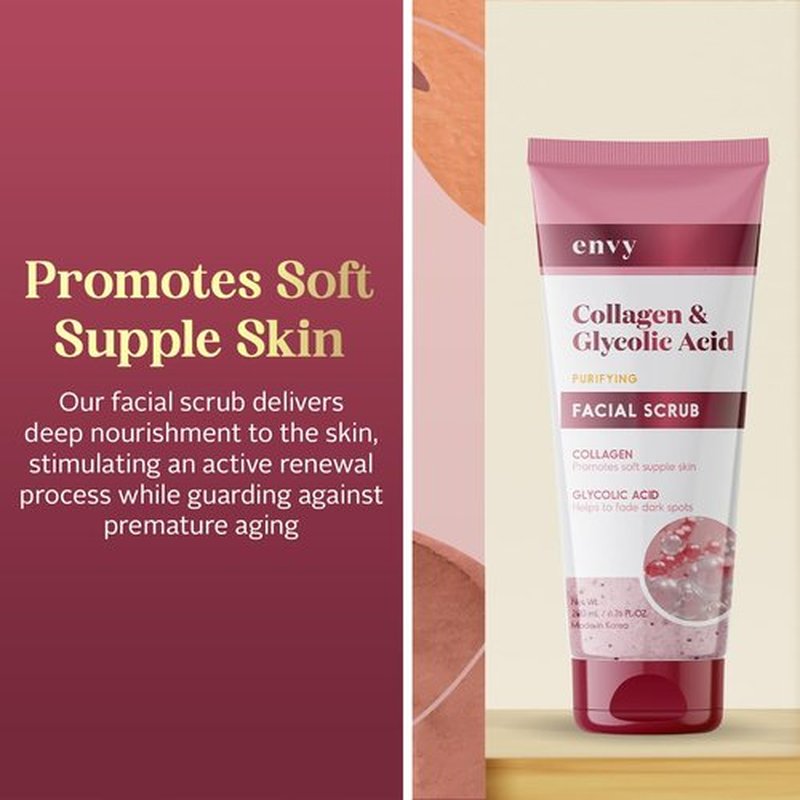 Envy Collagen & Glycolic Acid Face Scrub - Gentle Exfoliating Anti-Aging Formula | 6.76 Oz