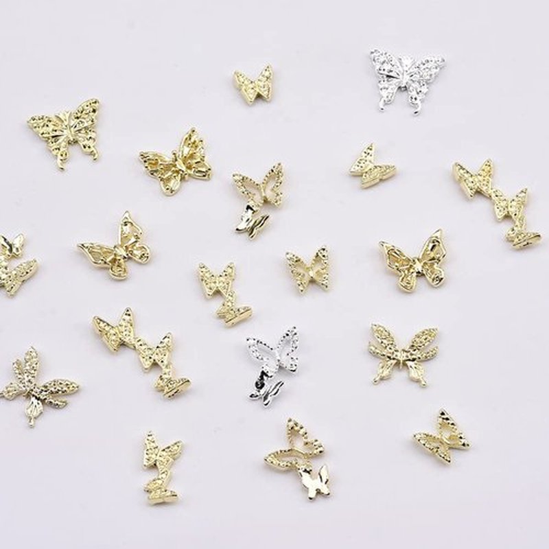 60pcs Metal Alloy Gold Silver 3D Butterfly Nail Charms Mix Big Small Designs for Women Nails Decoration Craft Jewelry DIY Bulk Supply