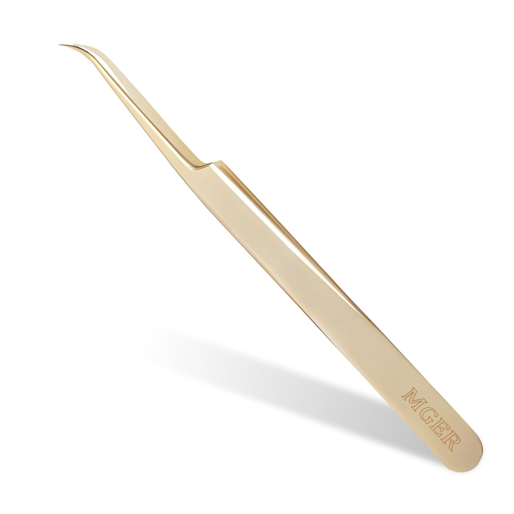 MGER Eyelash Extension Tweezers, Professional Curved Pointed Isolation Tweezers for Classic Individual Volume Mink Lash Extensions, Pointed Tweezers Stainless Lash Extensions, Gold tweezers