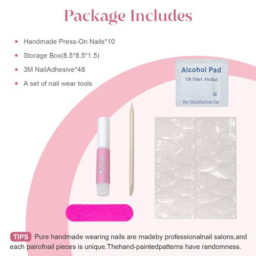 Handmade Press on Nails Duck Bill Shape, 3D Luxury Rhinestone Cherry Pearl Floral Acrylic Fake Nails, Full Cover Thickened False Nails for Women DIY Nail Art (M)