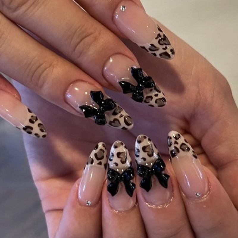 TENPAL Reusable Almond Press on Nails Medium,3D Bow Leopard French Tips Rhinestones False Nails, Edgy Ins Style Fake Nails with Full Manicure Kit, Winter Animal Print 24Pcs Leopard French Nails Tips