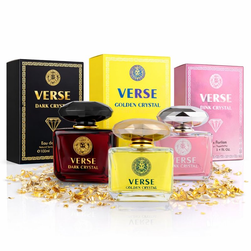Verse Women's Perfume Set - Luxury Eau De Parfum Trio in Pink Crystal, Golden & Dark - Long Lasting 3.4 Fl Oz Bottles