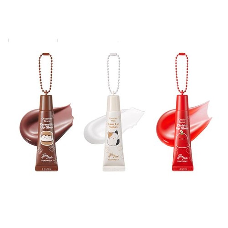 TONYMOLY Hot Fudge Sundae Lip Gloss Set - Cam, Carmelita & Christo Keychain Glosses, 11ml Total