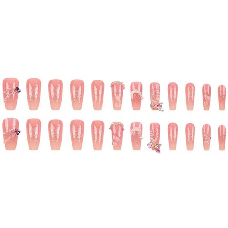 octoswave Medium Press on Nails Coffin Fake Nails 3D Pearl Artificial Nail Sparkly Embossed Stick on Nail for Women 24pcs