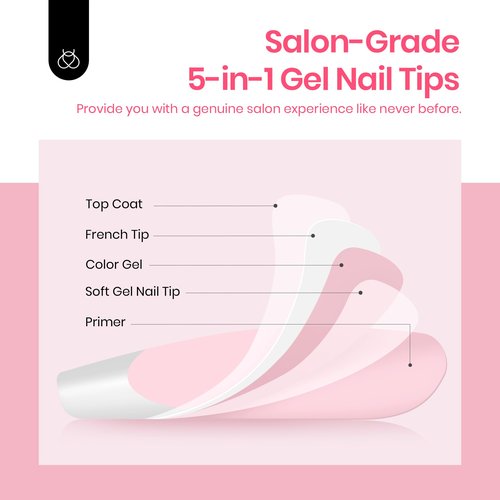 Beetles Press On Nails Almond Medium: 60pcs French Tip Press On Nails in 16 Sizes, White French Tips Pink Fake Nails with Nail Glue, Quick & Easy Nail Salon Manicure Gift for Women Her