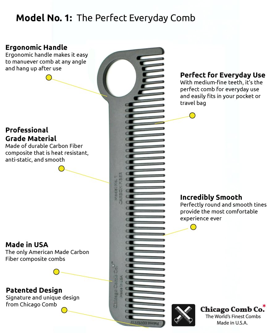 Chicago Comb Model 1 Carbon Fiber, Made in USA, smooth, strong, and light, anti-static, heat-resistant, 5.5 inches (14 cm) long, ultimate daily use, pocket, and travel comb