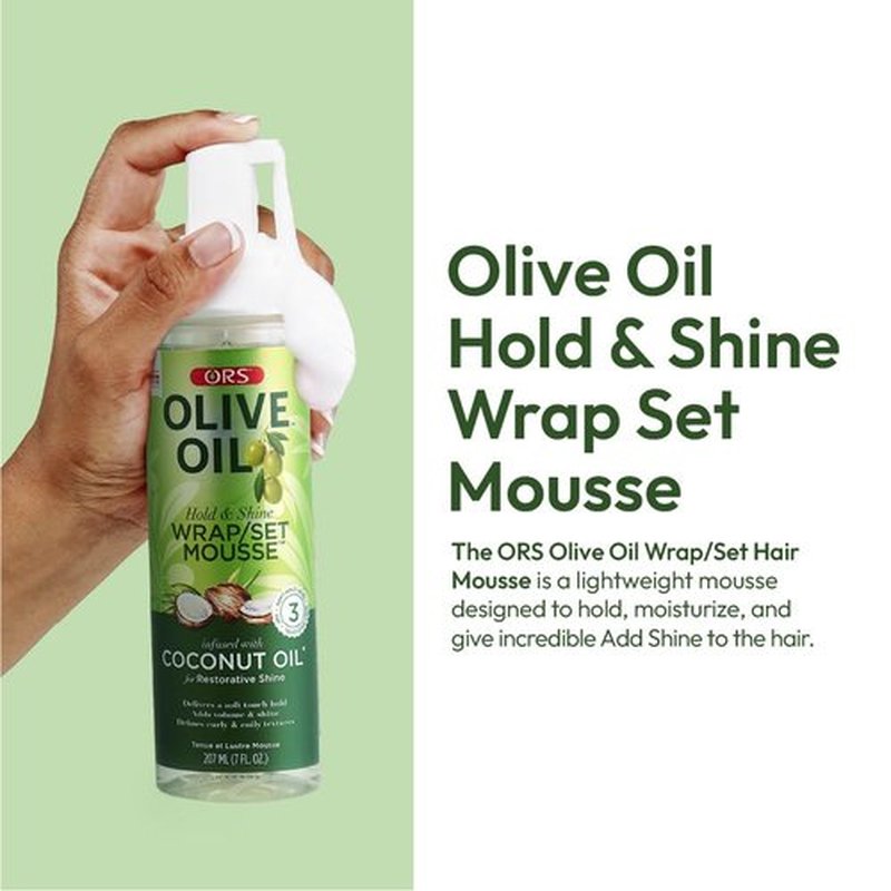 ORS Olive Oil Hold & Shine Wrap Set Mousse Infused with Coconut Oil for Restorative Shine 7 Ounce (Pack of 3)