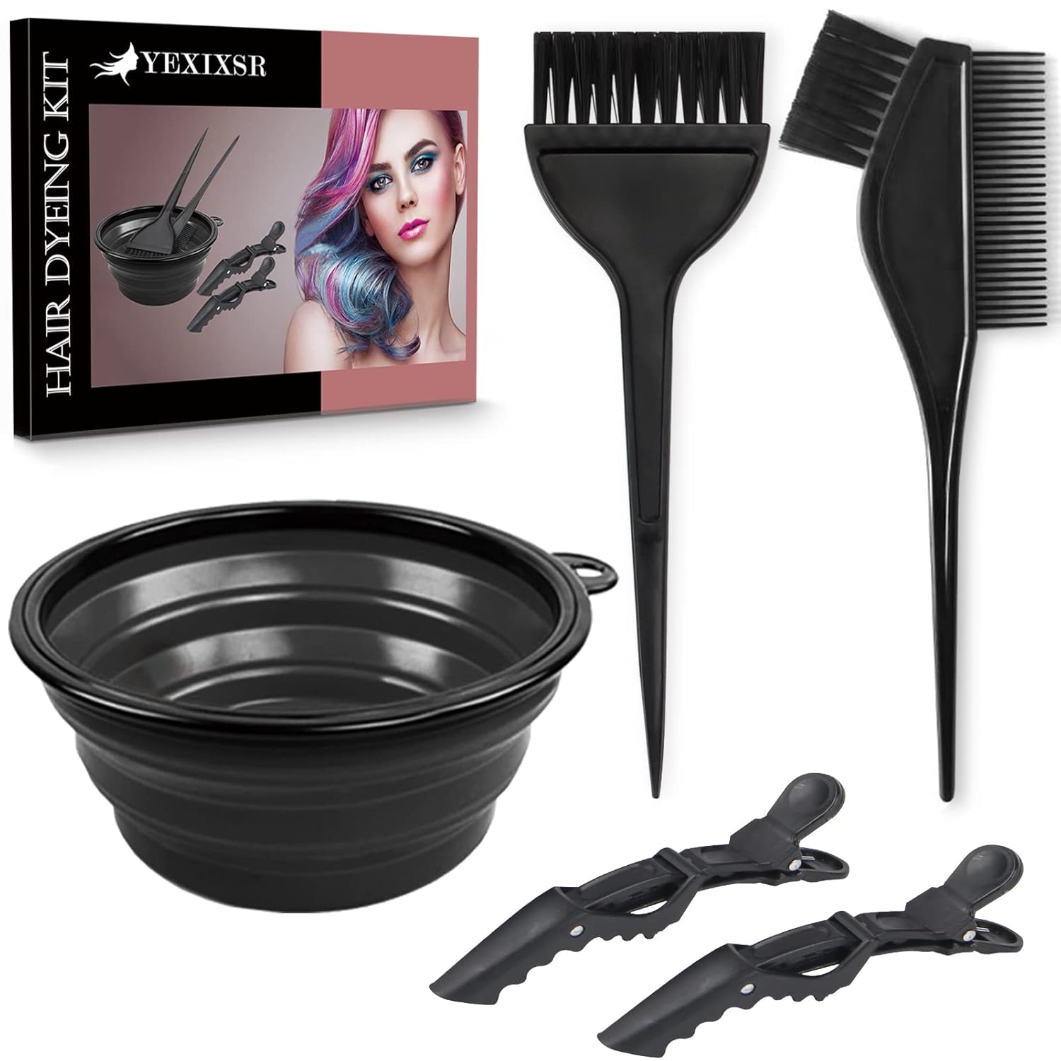 Yexixsr Professional Salon Hair Coloring Kit - 5 Pcs Hair Dyeing Tools with Brush, Bowl & Clips