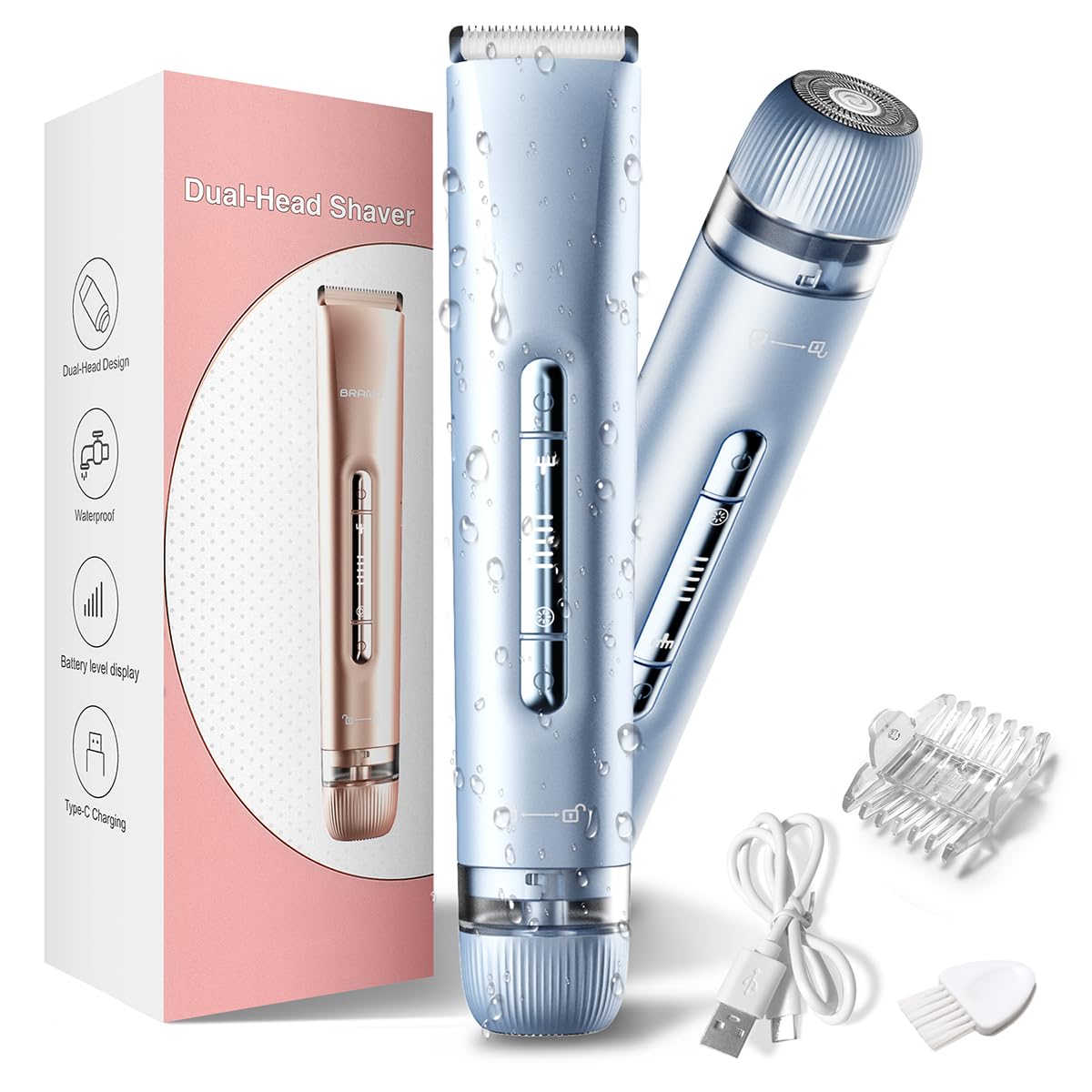 Bikini Trimmer for Women,2 in 1 Womens Electric Razors,Dual Head Shaver for Women Lady Facial Pubic Legs Private Area Body Hair,IPX7 Waterproof Wet & Dry
