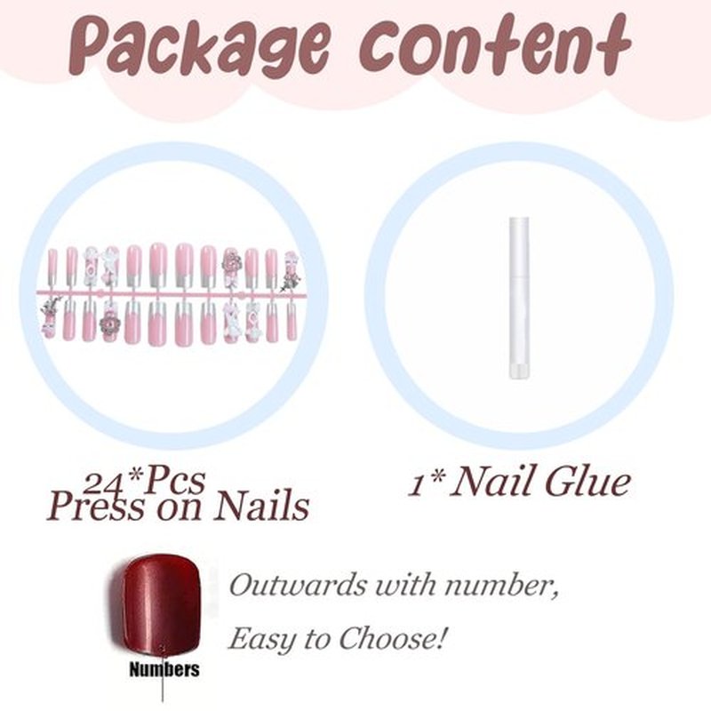 BABALAL Acrylic Press on Nails Fake Nails, Long Square, Silver Chrome, French Tip, with Kitten Angel Bow Charm, Y2k Luxury, Handmade, 24Pcs Trendy Glossy Full Cover False Nails with Glue