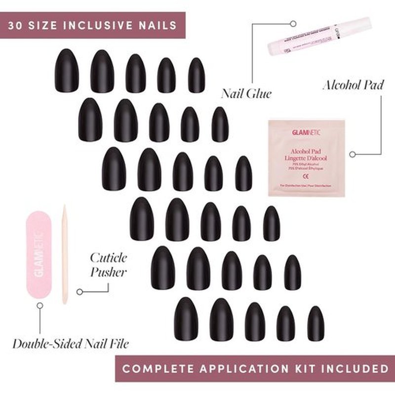 Glamnetic Press On Nails & Brush On Nail Glue Bundle - Boba | Opaque Black Short Almond Nails, Reusable | 12 Sizes - 24 Nail Kit