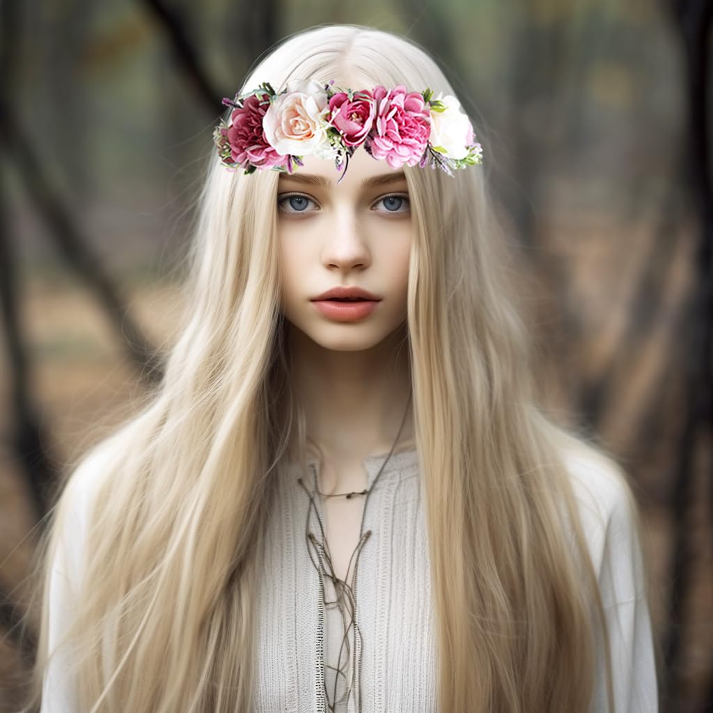 Vivivalue Fairy Floral Crown Even Headband Flower Headpiece Woodland Forest Elf Circlet for Women Halloween Renaissance Wedding Bridal Cosplay Prom Photo Props Pink