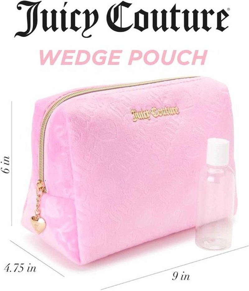 Juicy Couture Pink Makeup Bag - Stylish Velour Organizer for Travel Essentials | Zip Top Wedge Design