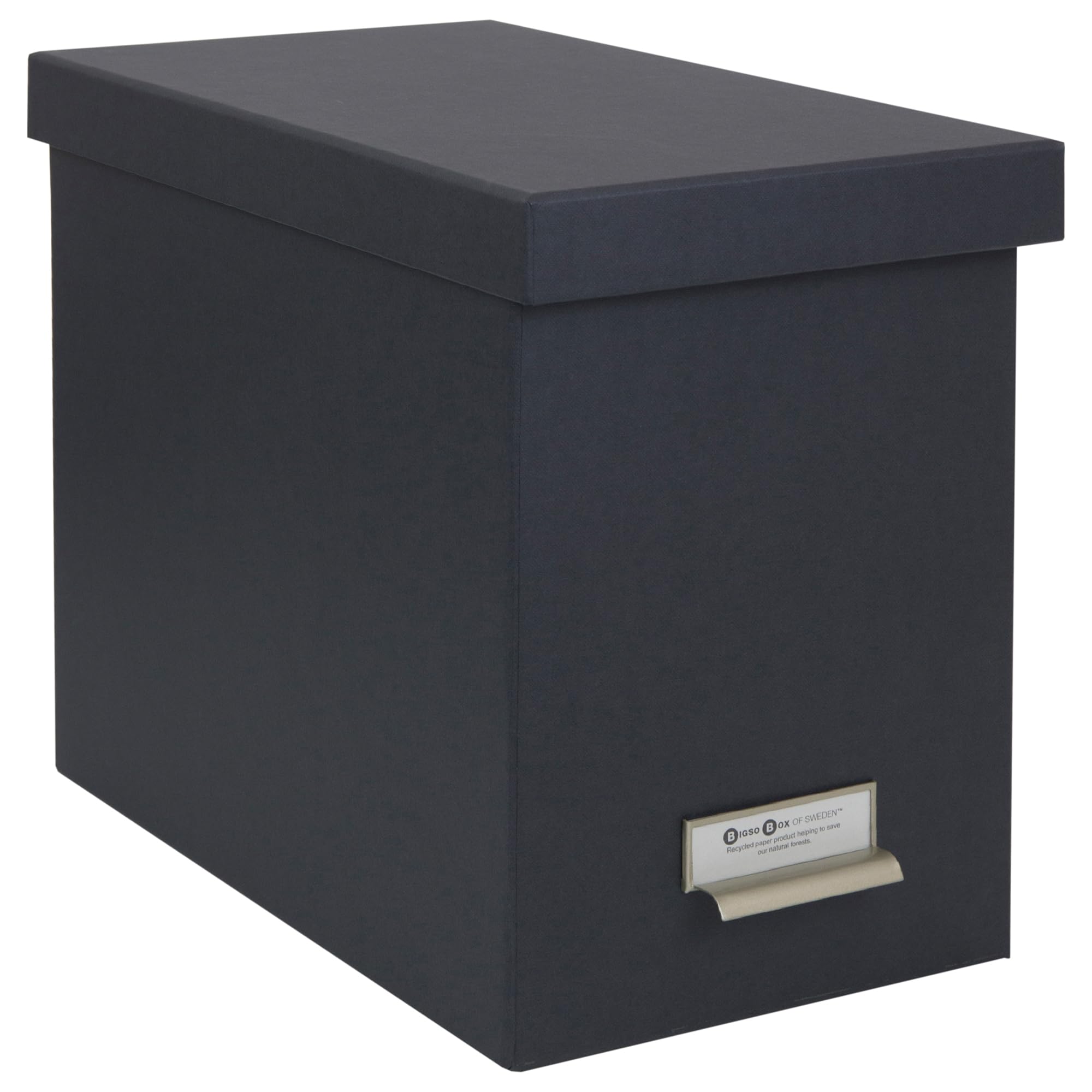 Bigso John Fiberboard Label Frame Desktop File Storage Box - Document Organizer for Important Paperwork - Durable Hanging File Box with a Lid & Metal Label Window - 7.36 x 13.38 x 10.51 in - Dark Grey
