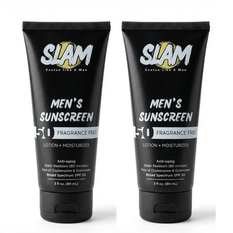 SLAM Men's Sunscreen Lotion SPF 50 & Moisturizer – Face & Body Sunblock, Anti-Aging, Water-Resistant, Hawaii Act 104 Safe, Skincare for Men, Unscented – 3 fl oz.each. Double pack.