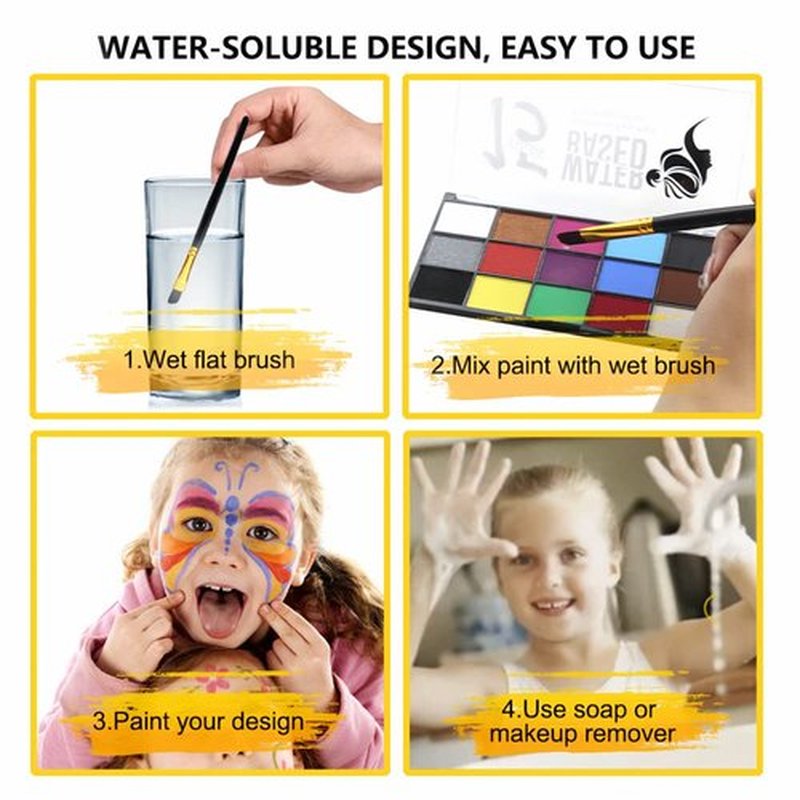 Face Painting Kit for Adults, Water Activated Body Face Paint, 15 Colors Water Based Facepaints Makeup Palette 12 Pcs Brushes, Stencils, Non Toxic for Halloween Party Birthday Cosplay