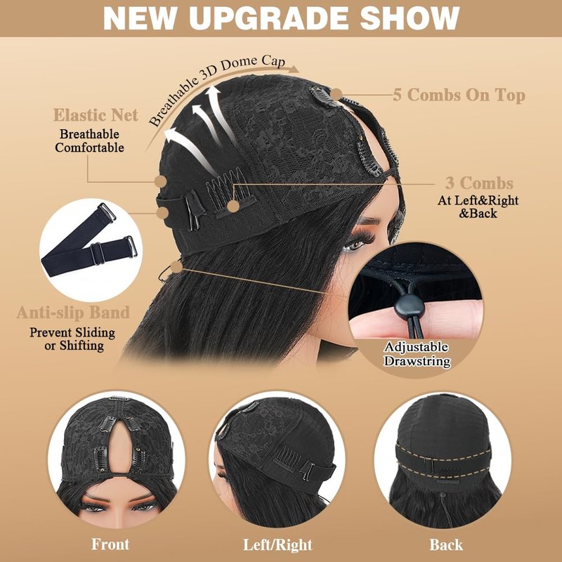 V Part Wig Human Hair Body Wave Upgrade U Part Human Hair Wigs With Adjustable Drawstring 250% Density Glueless No Leave Out V Shape Wigs Full Head Clip In Half Wig For Women (Natural Black, 16 Inch)