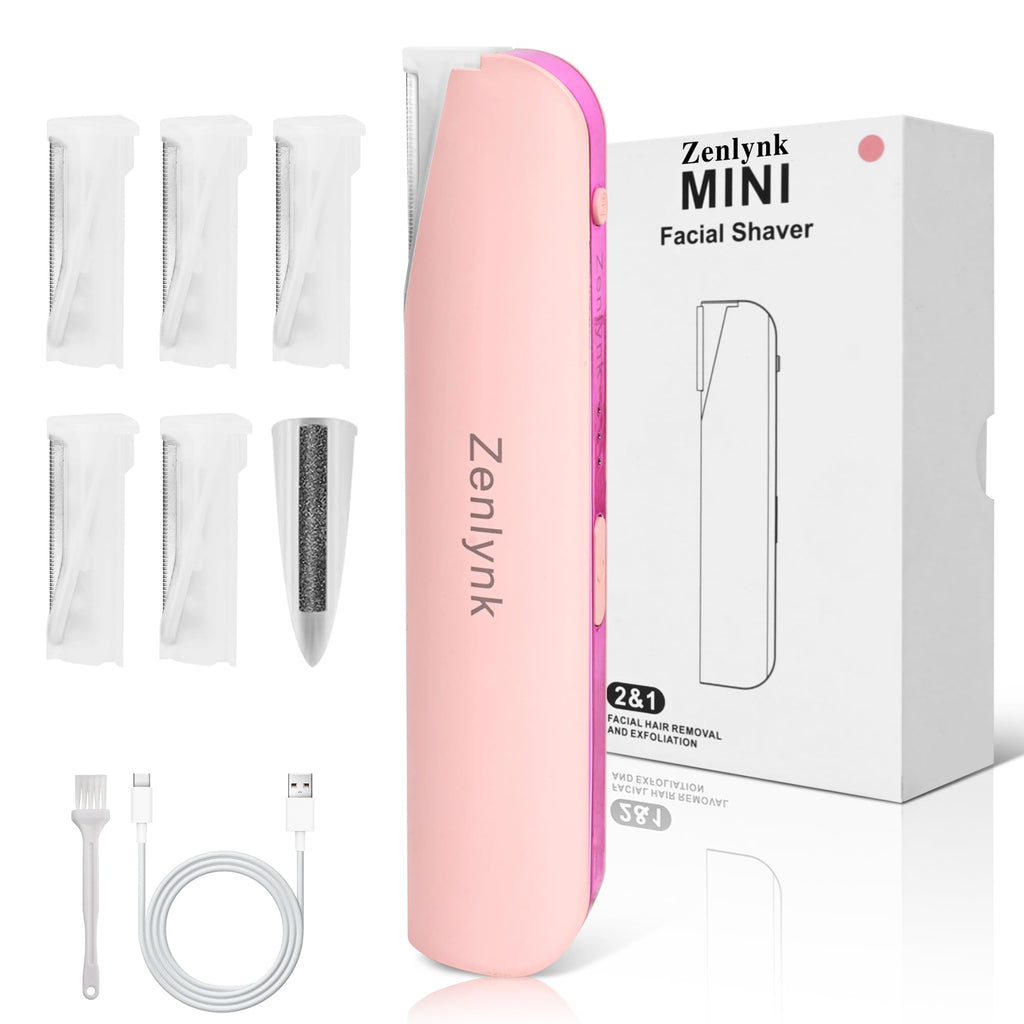 Zenlynk Vibration-Assisted Manual Dermaplane Razor for Women Face, Facial Exfoliator & Peach Fuzz Trimmer with 3 Vibration Modes, LED Light, 5 Replacement Blades & Exfoliating Scrubber, Pink