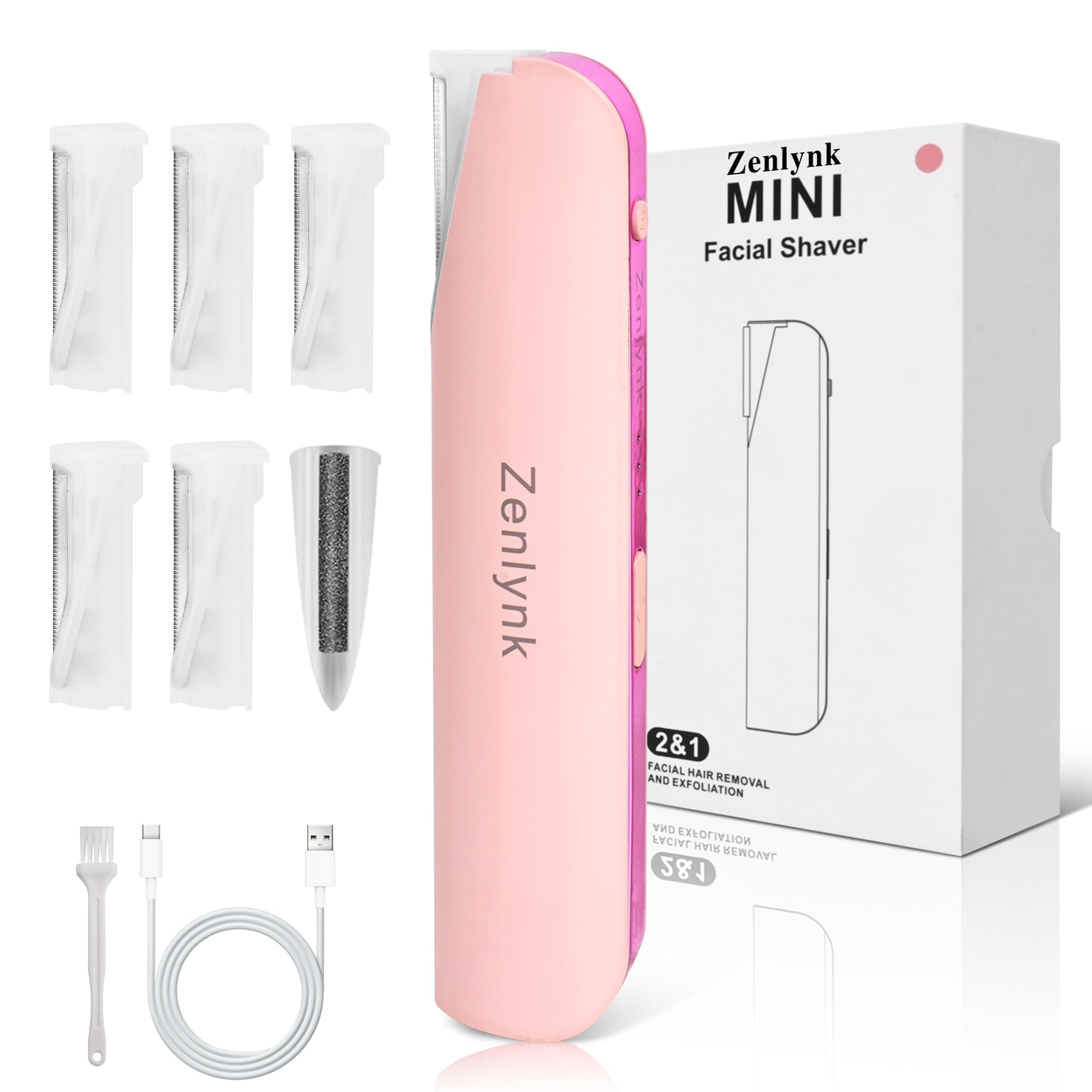 Zenlynk Vibration-Assisted Manual Dermaplane Razor for Women Face, Facial Exfoliator & Peach Fuzz Trimmer with 3 Vibration Modes, LED Light, 5 Replacement Blades & Exfoliating Scrubber, Pink