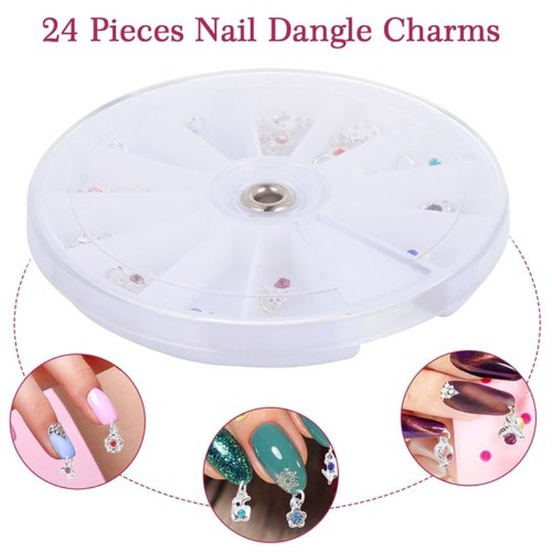 FRCOLOR 48 Pcs Dangle Nail Piercing Charms Set with Nail Piercing Tool Hand Drill, Alloy Jewelry for Art, Home, Salon Use