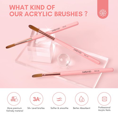 SAVILAND 3PCS Acrylic Nail Brush Set: Size 8/10/14 Kolinsky Acrylic Nail Brushes for Application, Pink Handle Professional Acrylics Powder Brushes for Nails Extension & 3D Nails Carving