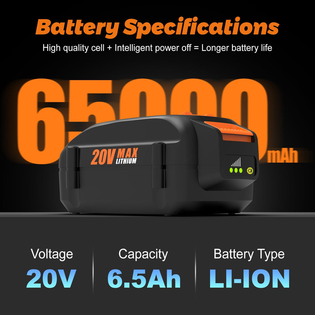 BECDXPal 2 Pack 6500mAh Replacement for Worx 20V Battery and Charger Kit for WA3525 WA3520 WA3575 Compatible with Worx Battery 20V and 40V (2X20V) Cordless Tools