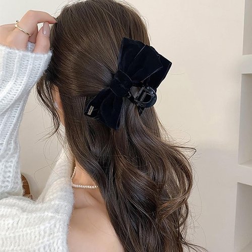 TUCEWP Black Bow Hair Clips for Women Girls 2Pcs Velvet Silky Satin Bow Claw Clip for Long Curly Thick Hair Strong Hold Bowknot Hair Barrettes Claw Jaw Nonslip Hair Catch Clamps Large Hair Accessories