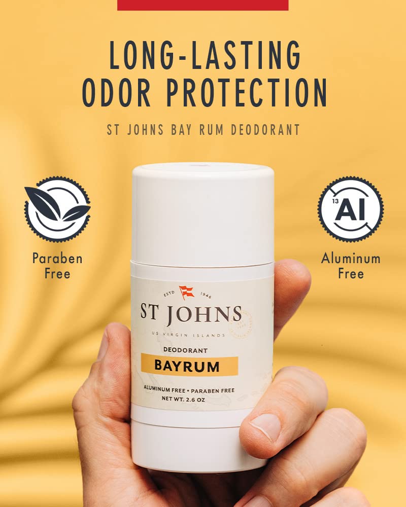 St Johns Bay Rum Aluminum Free Deodorant | Long-Lasting, Odor Resistant, & Soothing | Clear Deodorant Stick | Odor-Free Deodorant Made of Natural Compounds | Mens Bay Rum Deodorant (2.6 oz Stick)
