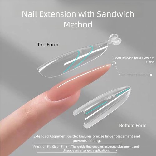 Sandwich Dual Nails Forms, Long Coffin 240Pcs Double-Layer Nail Mold Set, 15 Sizes Top and Bottom Molds Plastic Forms for Builder Gel Nail Extensions, Salon Nail Art Tools At Home